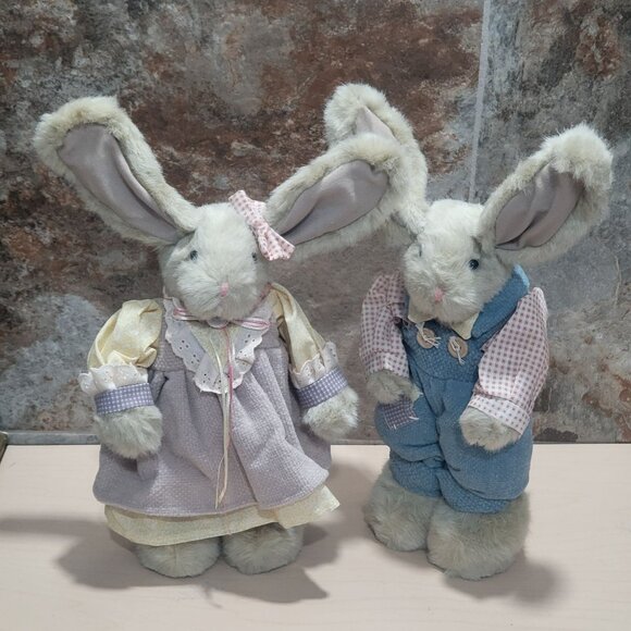 Vintage Plush Boy Girl Bunny Rabbits Easter Decor Stuffed Animal - Picture 7 of 11